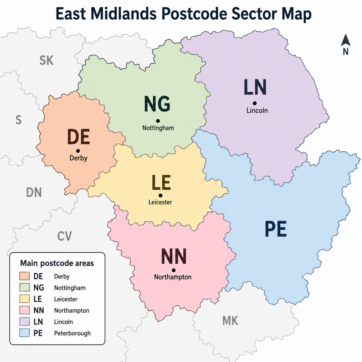 East Midlands postcode map