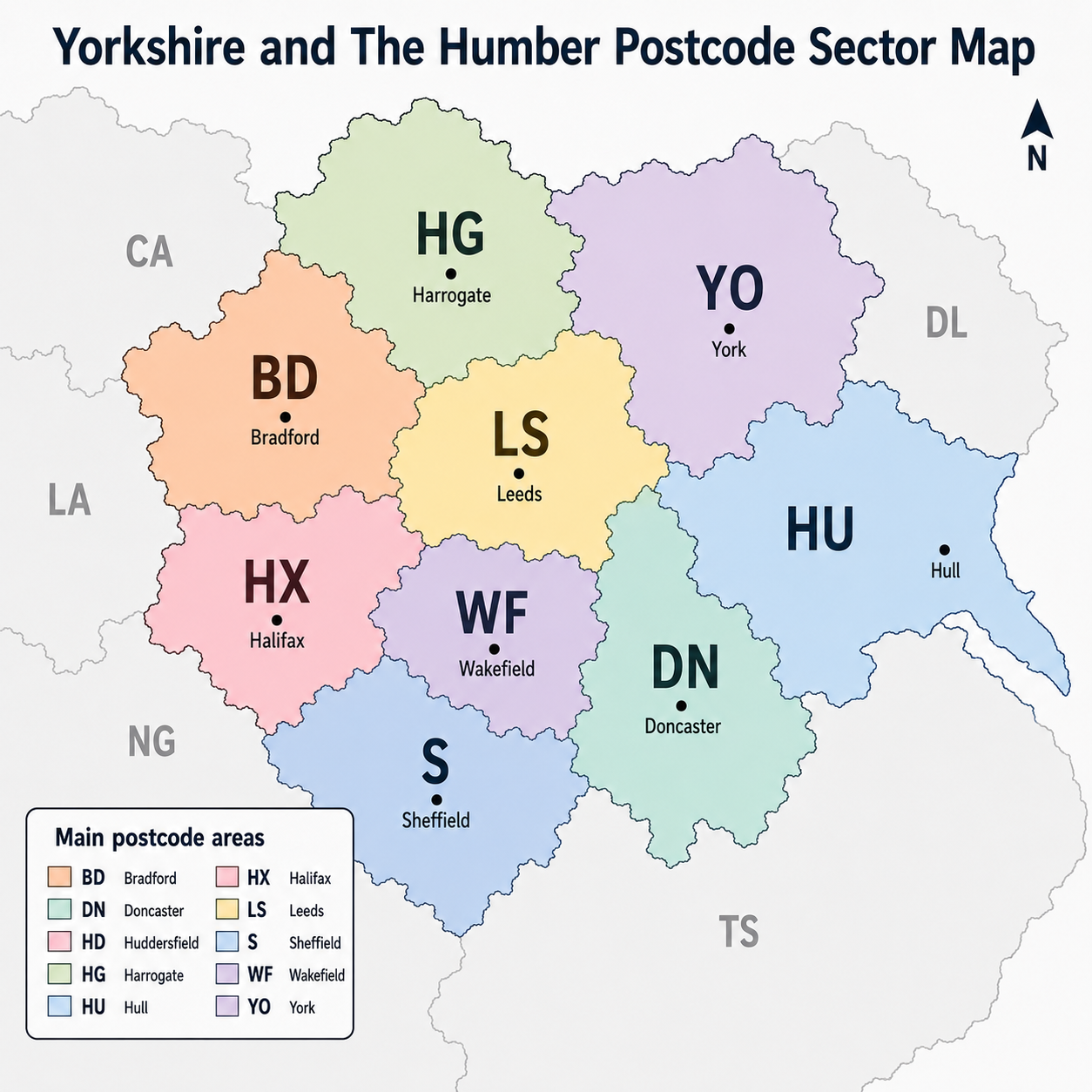 Yorkshire and The Humber postcode map